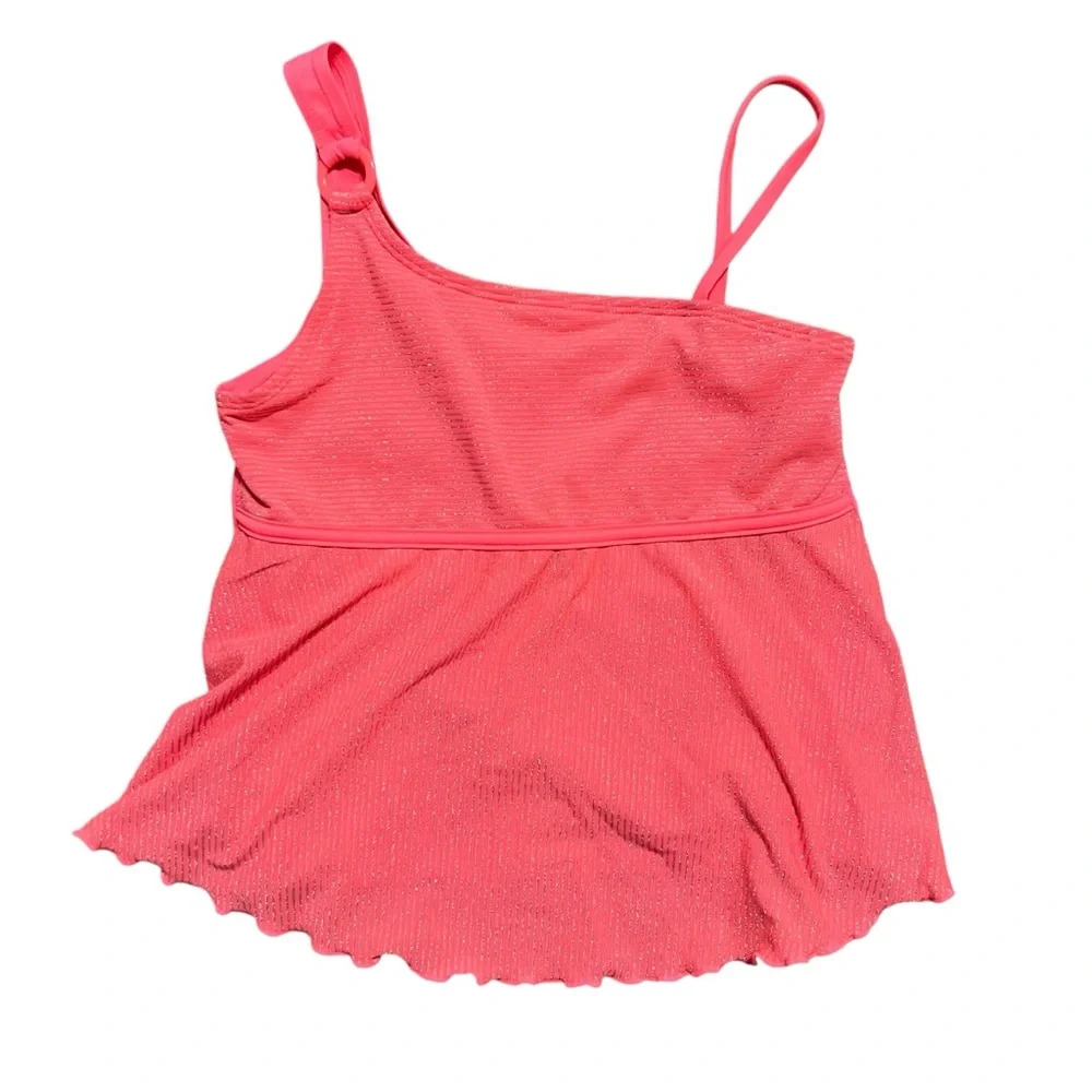 Justice 14Y Pink & Silver Metallic Striped Tankini One-Shoulder Swimsuit